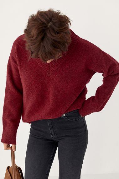 В'язаний однотонний пуловер вільного фасону - темно-червоний цвет, ONE SIZE (є розміри) | Зображення 4
