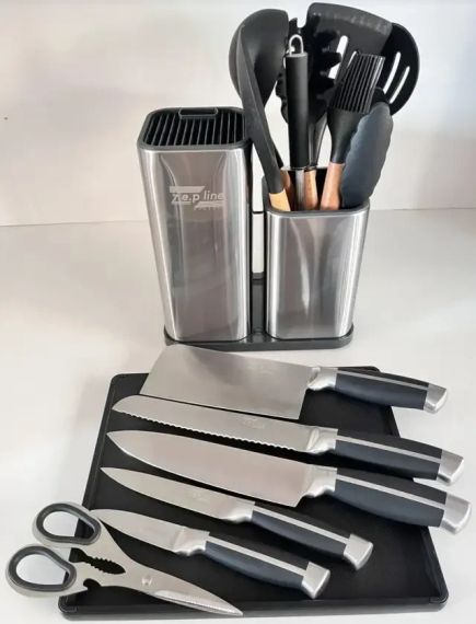 Набір ножів та кухонне начиння лопатки для кухні 17 в 1 дошка для нарізки на потрійній підставці, ножиці з напилком для | Зображення 3