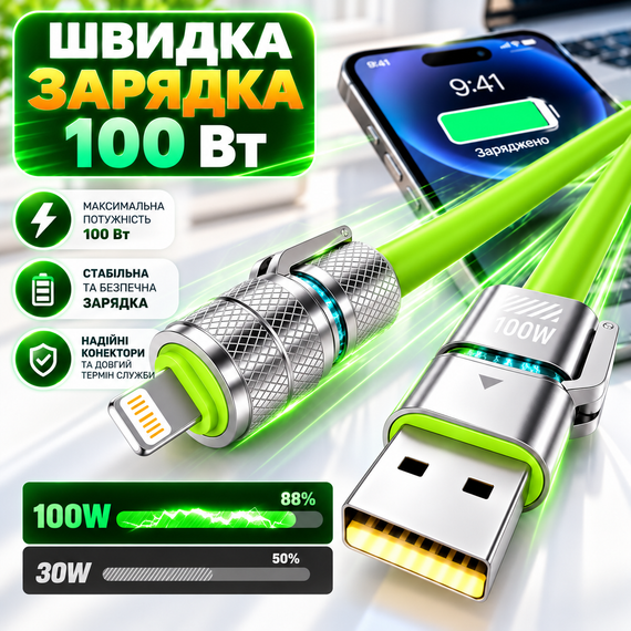 Кабель зарядний 4 в 1 універсальний 2 м салатовий для швидкого заряджання та передачі даних із захистом від перегріву | Зображення 7