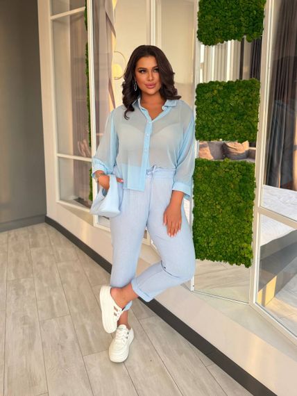 Женские льняные укороченные штаны с подворотом FZ905 цвет голубой размер 42/44 | Зображення 3