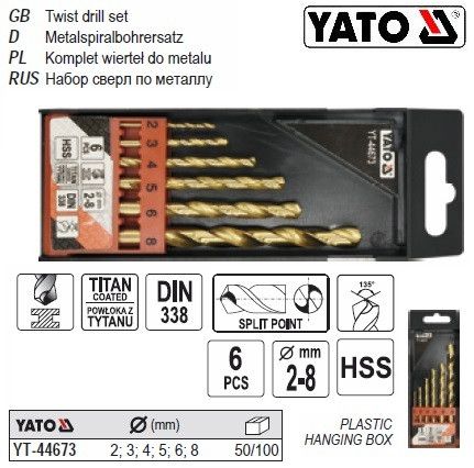 Набор сверла по металлу HSS-TiN 2-8 мм 6 штук YATO YT-44673 | Зображення 5