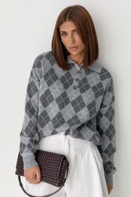 Вільний светр-поло з ромбами - сірий цвет, ONE SIZE (є розміри)