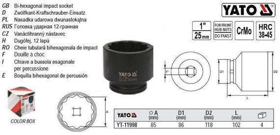 Головка торцева ударна 12-гранна 1" М85х102 мм Польща YATO YT-11998