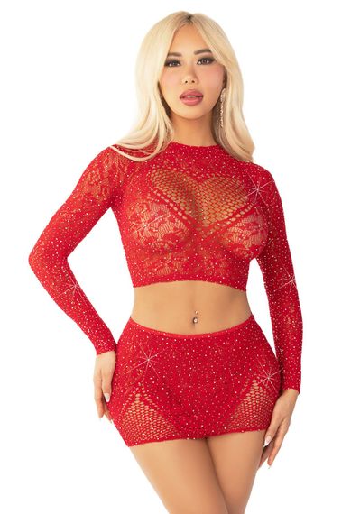 Комплект Leg Avenue Rhinestone Crop Top and Mini Skirt One Size, Red