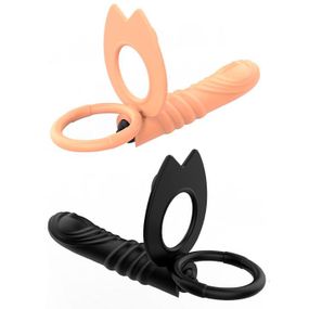 Эрекционное кольцо с вибрацией и рельефным фаллоимитатором для двойного проникновения - Телесный – Анальные