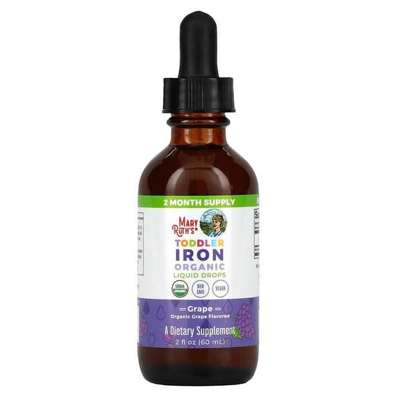Залізо для малюків від 1 до 3 років, Toddler Iron, MaryRuth Organics, органік, рідкі краплі, смак винограду, 60 мл