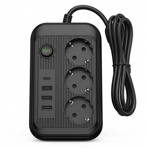 Мережевий фільтр Power Socket подовжувач 3 м для дому та офісу 4 USB-порти 3 розетки 5V 2.4A 2500 Вт Чорний