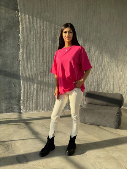 Женская футболка оверсайз трикотажная однотонная KV2024 цвет малиновый, размер 42/52 onesize