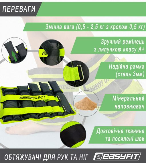Утяжелители для рук и ног манжеты наборные  EasyFit 0,5-2,5 кг (пара) утяжелители спорт, утяжелители зеленые | Зображення 3