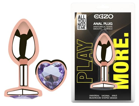 Анальна пробка EGZO Rose Gold Heart Plug M з аметистом, анатомічна, рожеве золото Sex Aura