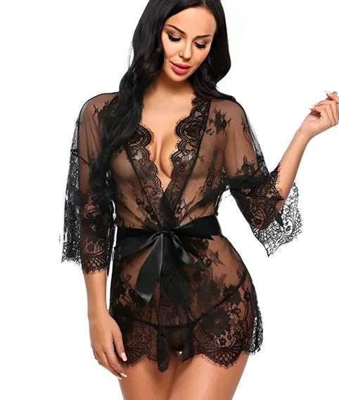 Короткий прозорий еротичний халат чорного кольору (L, XL) | Зображення 1