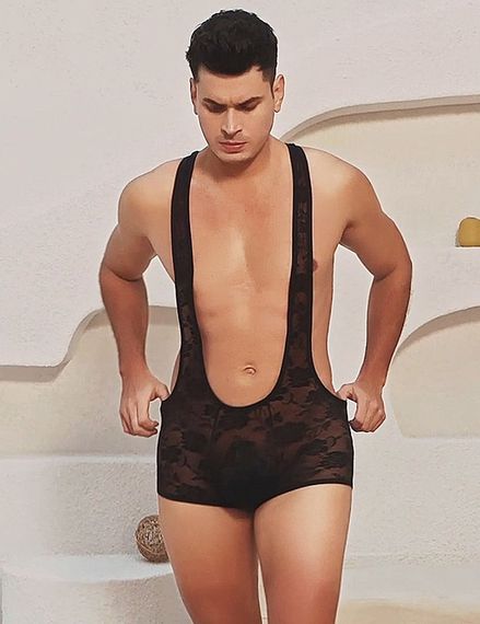 Мужской кружевной комбидресс с подтяжками Star Night черный, S sexstyle | Зображення 2