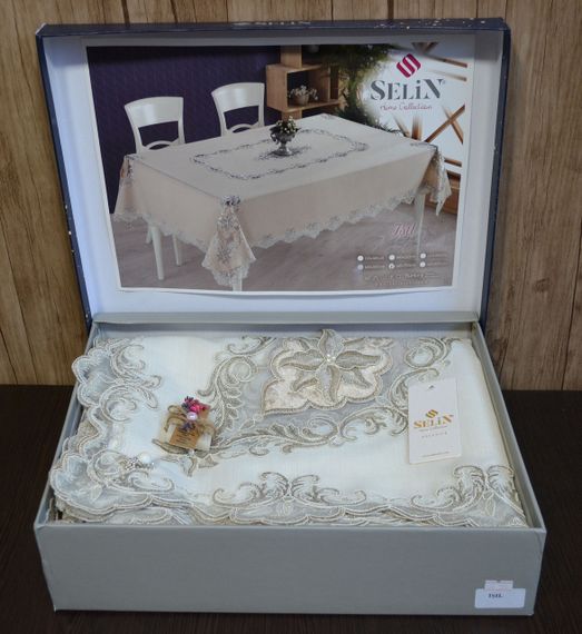 Льняная скатерть Selin Isil 160×350 см Кремовая | Зображення 1