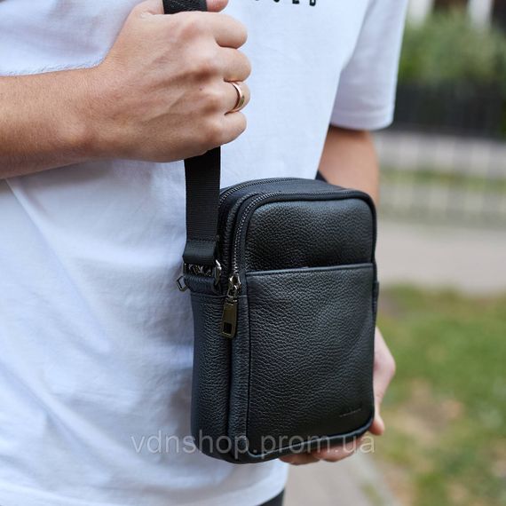 Чоловіча барсетка через плече, зернистая кожа 20х16х6, месенджер для міста, сумка для телефону та документів, чорна | Зображення 2