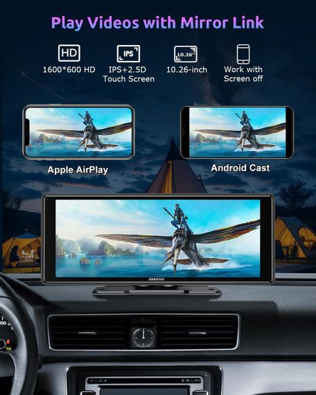 Автомобильный экран ESSGOO 10,26" монитор с CarPlay и Android Auto, дисплей з голосовым помощником, AUX, FM | Зображення 5