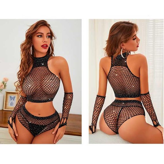 Идеальный комплект со стразами с топом и трусиками и нарукавниками - Чёрный – Эротическое бельё | Зображення 3