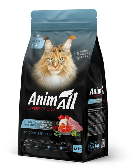 AnimAll Полнорационный сухой корм для котов с лососем, белой рыбой и свежей индейкой, 1.5 кг