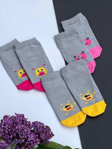 Носки детские на девочку короткие на лето монстрик | Прикольные детские носки летние Серый+розовый, | Зображення 1