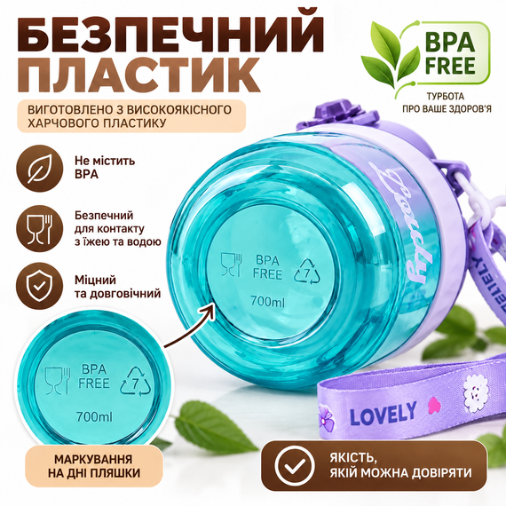 Удобная детская бутылка Lovely 700 мл с трубочкой и защитой от протечек Фиолетовая | Зображення 2