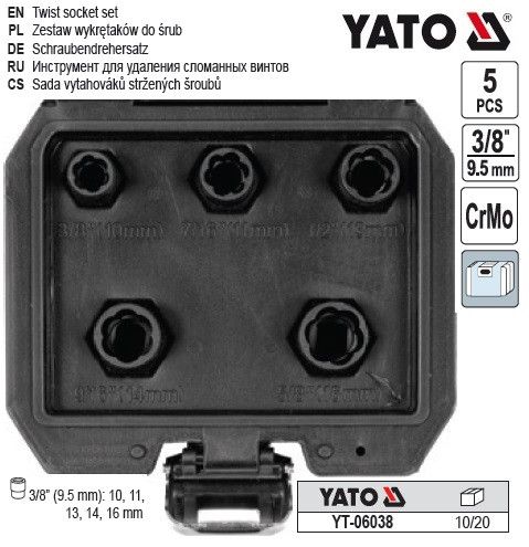 Набор головок удаления сломанных винтов YATO Польша экстракторы 3/8" М10, 11, 13, 14, 16мм 5шт YT-06038 | Зображення 1