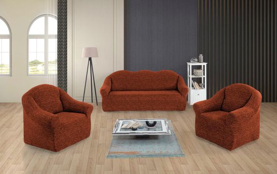 Жаккардовый чехол на диван + 2 кресла Rain без юбки теракотовый