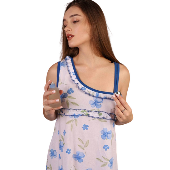 Нічна сорочка жіноча бавовна з малюнками квітів білий-синій L/XL | Зображення 1