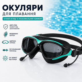 Очки для плавания с большой оправой, защитой от запотевания Anti-Fog и встроенными берушами, Черно-бирюзовые