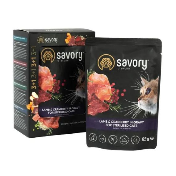 Набір паучів Savory Sterilised Cats with Lamb and Cranberries in Gravy 3+1 | Зображення 1