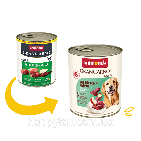 Влажный корм для собак GranCarno Adult с олениной и яблоком кусочки мяса в бульоне консерва 800 г | Зображення 1