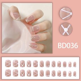 Накладні нігті з клеєм BD036 Бежевий з дизайном 24 шт (A9587)