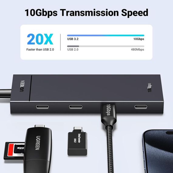 Хаб USB-C Ugreen 4в1, багатопортовий адаптер USB 3.2, 4-портовий концентратор для передачі даних 10 Гбіт/с Plug&Play | Зображення 1