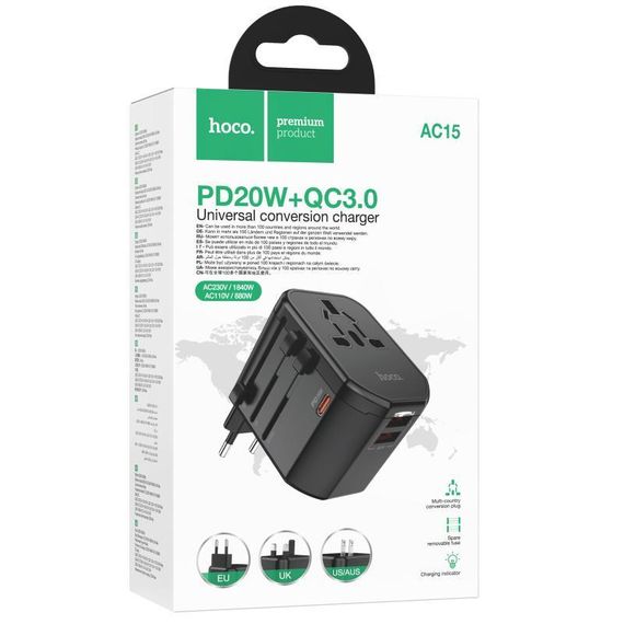 Мережевий універсальний перехідник Hoco AC15 Walker PD20W+QC3.0 (2USB-A/1C) (EU) Black | Зображення 1