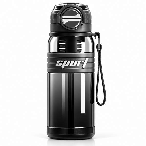 Спортивна пляшка для води 800 мл BPA Free з фільтром, широким горлом, соломинкою та ремінцем для спорту, чорна | Зображення 1