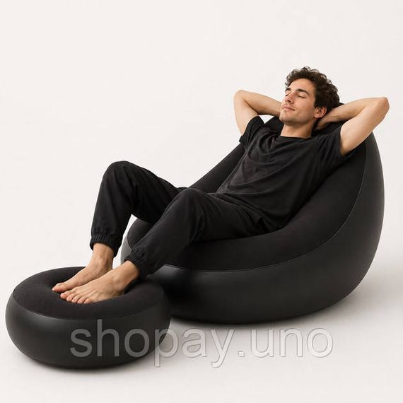 Надувное кресло с пуфом для отдыха AIR SOFA велюровое Black HA-33 | Зображення 1