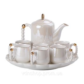 Чайный набор на 6 персон с заварочным чайником и фарфоровой подставкой Белый HP-15-7