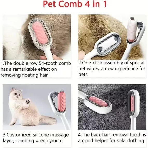 Щітка для вичісування шерсті хатніх тварин 4 в 1 Pet Cleaning Comb з масажем і чищенням речей Pink W28 | Зображення 6