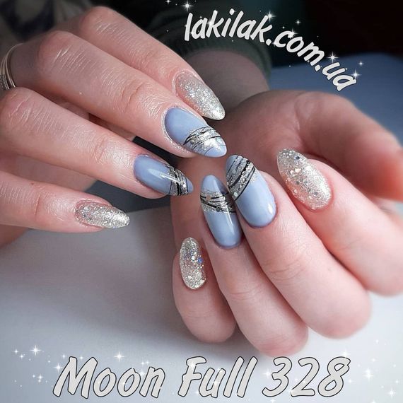 Гель-лак Moon Full №328 сріблясто-золотий з різнокольоровим глітером 8мл