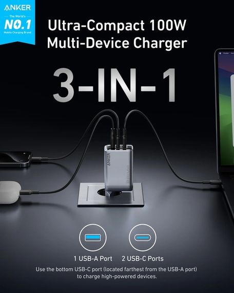 Мережевий зарядний пристрій Anker GaNPrime Charger - 100W, 2xUSB-C PD & 1xUSB-A Foldable Silver | Зображення 1