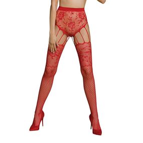 Эротические колготки-бодистокинг Passion ECO S004 red, закрытые трусики, декор, подвязки