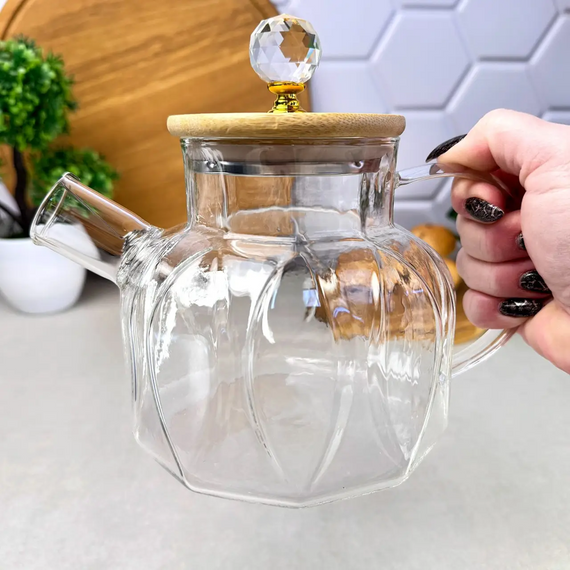Скляний чайник для заварювання 1 л Leaf GK-5652 з бамбуковою кришкою стильний та практичний посуд для чаю Прозорий | Зображення 2