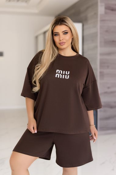 Женский летний костюм шорты и футболка свободный GF7825 цвет коричневый, размер 50/52 | Зображення 2