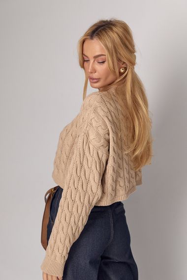 Укорочений в'язаний джемпер oversize з косичками - світло-коричневий цвет, ONE SIZE (є розміри) | Зображення 1