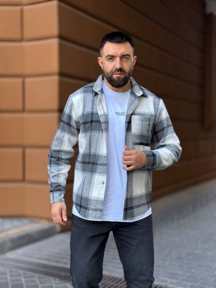 Теплая мужская байковая рубашка в клетку на пуговицах размер М цвет серый Vi1048/1 | Зображення 2