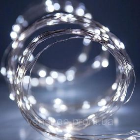 Новогодние гирлянды. Медная проволочная лампа 100LED 10м, (батарейки) Цвет белый Силиконовый провод (7108)