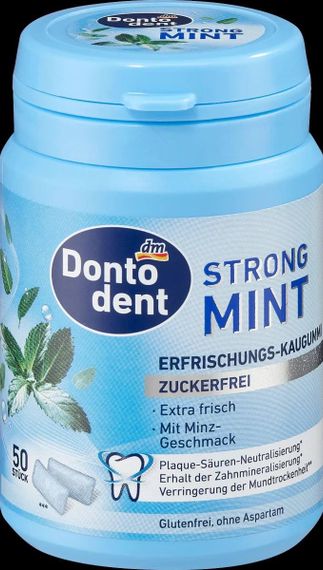 Жувальна гумка зі смаком м'яти Dontodent Strong Mint, без цукру та без аспартаму, 50 шт., Німеччина | Зображення 1