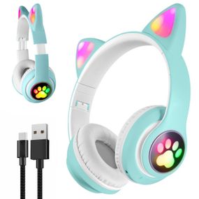 Бездротові Bluetooth-навушники з котячими вушками, STN-28, Блакитні / Дитячі навушники з підсвіткою та мікрофоном