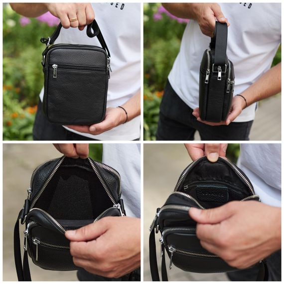 Чоловіча шкіряна барсетка 21х17х7, сумка для міста, компактний месенджер для щоденного використання, чорна | Зображення 2
