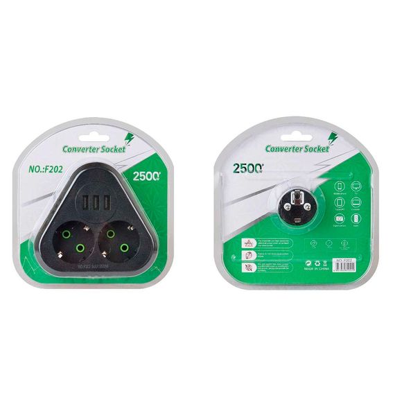 Розетка трійник із заземленням F202-Black, 2 розетки+3USB(1А), 2500W, 10A | Зображення 1