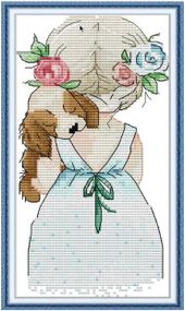 Набор для вышивания по нанесённой на канву схеме "Little girl and puppy". AIDA 14CT printed,14*27 см