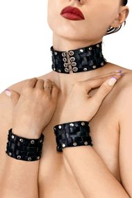 Чокер із манжетами Art of Sex Leather Chezarro One Size Чорний